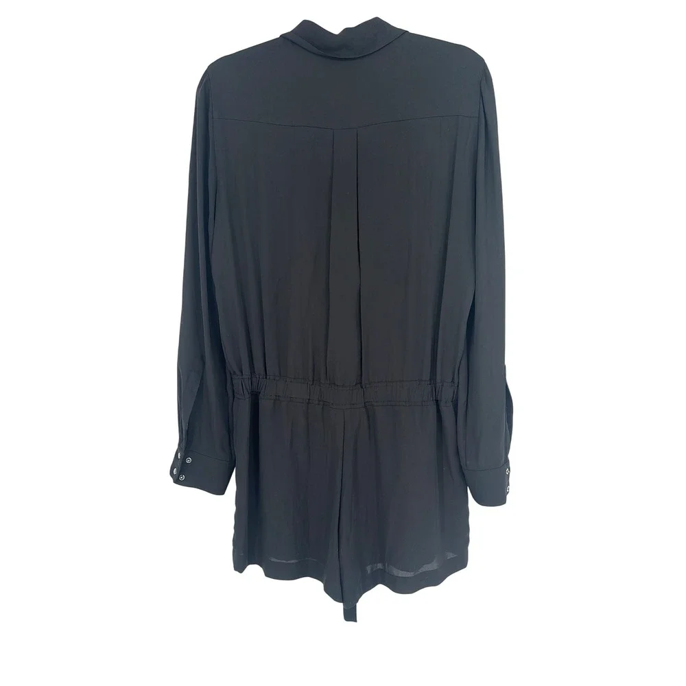 BCBGMAXAZRIA Black Utility‎ Romper Button Down Drawstring Waist Career Casual